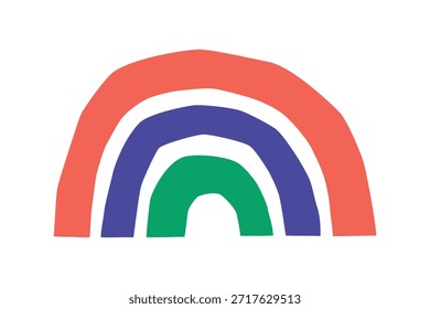 Flat cartoon vector illustration of doodle rainbow in naive kids style, bright simple shapes and playful lines, cheerful child mood, cute decorative element for children prints, nursery decor