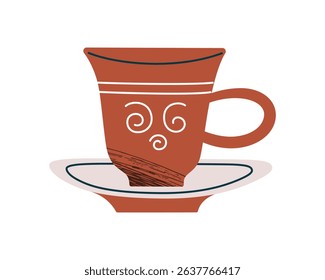 Flat cartoon vector illustration of elegant Turkish coffee cup with saucer. Ornamental design, traditional style, hot drink serving, tea ceremony, cultural vibes, cozy moments, hospitality theme icon