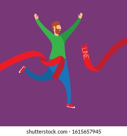 Flat cartoon vector illustration. Fat man with a beard runs, breaks the finish line