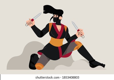 Flat cartoon vector illustration of female Japanese ninja warrior in a black costume. Brave woman standing in fighting or protecting stance and holding kunai on grey background. Beautiful Asian hero.