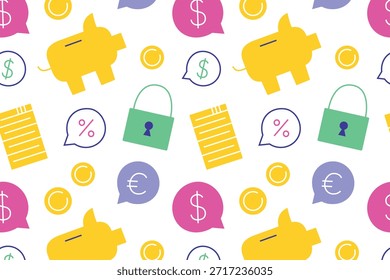 Flat cartoon vector illustration of finance pattern with coins, piggy banks, dollar and euro signs, percent symbols and lock icon, payment theme, seamless design for banking and economy projects