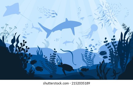 Flat cartoon vector illustration. fish and wild marine animals in ocean. vector illustration of underwater ocean fauna with coral reef. aquarium life. tropical aquarium with fishes in blue water.