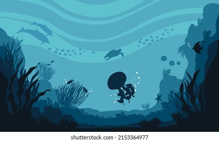 Flat cartoon vector illustration. fish and wild marine animals in ocean. vector illustration of underwater ocean fauna with coral reef. aquarium life. tropical aquarium with fishes in blue water.