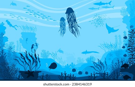 Flat cartoon vector illustration. fish and wild marine animals in ocean. vector illustration of underwater ocean fauna with coral reef. aquarium life. tropical aquarium with fishes in blue water.