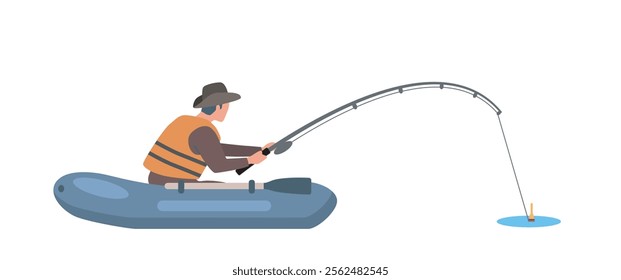 Flat cartoon vector illustration of a fisherman in a boat catching fish on a fishing rod. Outdoor activity, calm water, and fishing lifestyle concept, perfect for nature and hobby designs