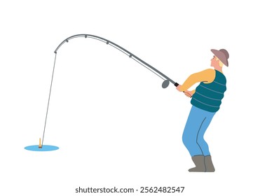 Flat cartoon vector illustration of a fisherman standing and pulling a fishing rod with effort. Outdoor leisure activity, dynamic fishing scene, and hobby concept