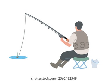 Flat cartoon vector illustration of a fisherman sitting on a stool with a fishing rod and bucket. Outdoor leisure activity, calm environment, and fishing lifestyle concept