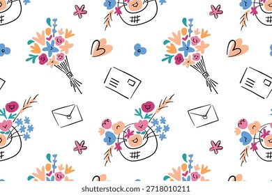 Flat cartoon vector illustration of floral pattern with bouquets and basket flowers, postcards, envelopes and hearts, romantic gift theme, seamless design for stationery, greetings and decor projects