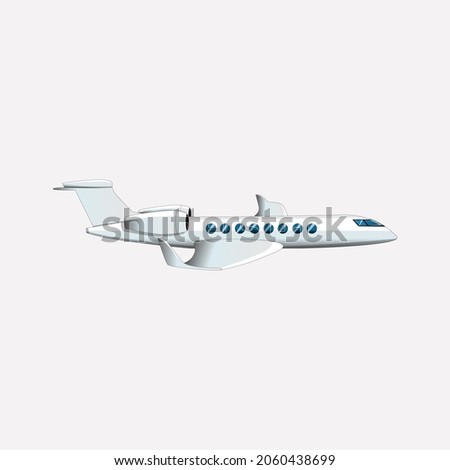 Flat cartoon vector illustration of flying  airplane with portholes, wings and engines isolated on white background. Jet aircraft, airliner.