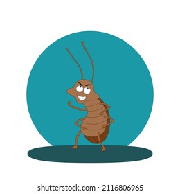 Flat cartoon vector illustration. Funny insects in the form of a brown cockroach.