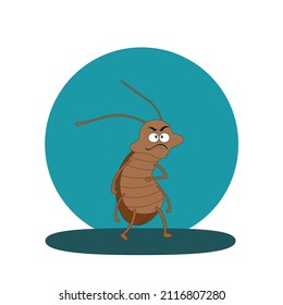 Flat cartoon vector illustration. Funny insects in the form of a brown cockroach.