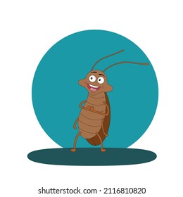 Flat cartoon vector illustration. Funny insects in the form of a brown joyful cockroach.