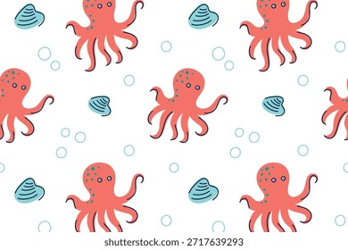 Ilustração plana do vetor do desenho animado do padrão engraçado do polvo com conchas e bolhas, estilo de doodle de crianças brilhantes, tema subaquático brincalhão, humor alegre, design sem emenda para impressões de crianças, decoração de berçário