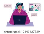 Flat cartoon vector illustration of gamer at desk with laptop and headphones. Male character playing video game with map on screen. Gaming, streaming, youth lifestyle, e sports composition