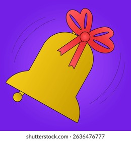 Flat cartoon vector illustration of an a golden school bell with red bow on purple background. Back to school celebration symbol. For education and educational concept, poster, or classroom decor.