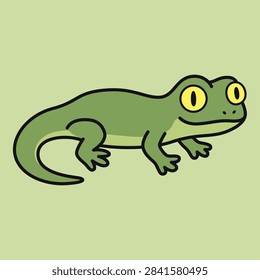 Flat cartoon vector illustration of a green gecko lizard with big yellow eyes crawling on light green background.