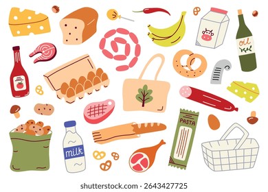 Flat cartoon vector illustration of grocery shopping set with food products and reusable bag. Collection of groceries from supermarket for meal prep, cooking, healthy eating, eco lifestyle concepts