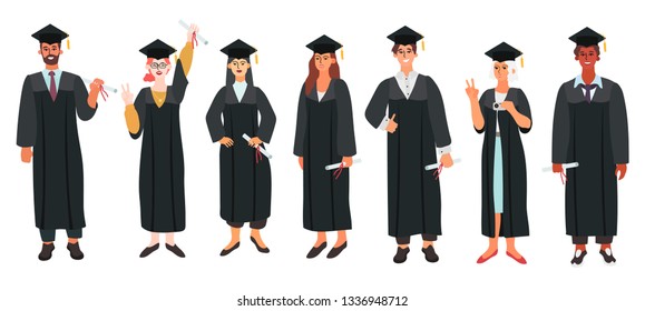 Flat cartoon vector illustration of a group of happy graduate students wearing academic dress, robe and graduation cap and holding their diplomas.