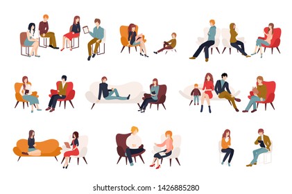 Flat cartoon vector illustration. Group or family psychotherapy. Collection of men and women or married couples sitting on chairs or lying on sofa and talking to psychotherapist or psychologist. 