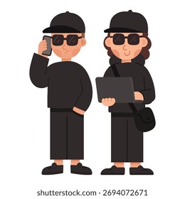 Flacher Cartoon, Vektorgrafik einer Gruppe von Betrügern. Cybercrime, Online-Betrug und Hacker-Teamwork-Konzept im modernen Flachdesign, perfekt für digitale Sicherheitsthemen.