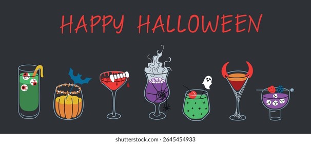 Flat cartoon vector illustration of Halloween cocktail collection with spooky drinks, creepy garnishes and handwritten Happy Halloween lettering. Themed beverages for party decor, celebration graphics
