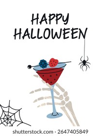 Cartão de Halloween de ilustração de vetor de desenhos animados planos, mão esqueleto segurando coquetel assustador, coração de bruxa. Design com bebida gótica, teia de aranha e feliz halloween lettering para convites de festa, menu de bar