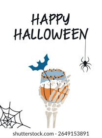 Flat cartoon vector illustration of Halloween party invitation, greeting card with skeleton hand holding pumpkin cocktail, bat decoration, spider and web. Holiday banner, spooky drink, celebration