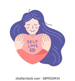 Flat cartoon vector illustration, hand drawn style. Girl hugs herself. Well-being, self love concept. 