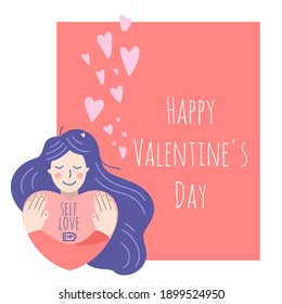 Flat cartoon vector illustration, hand drawn style. Valentine's day for singles. Girl hugs herself. Well-being, self love concept. 
