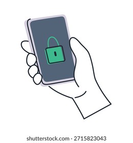 Ilustración vectorial plana de la historieta de la mano que sostiene el smartphone con el icono de la cerradura en la pantalla, concepto de la seguridad digital, protección de datos y acceso seguro, estilo moderno para los App, proyectos de la privacidad y de la tecnología
