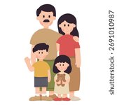 Flat cartoon vector illustration of a happy family with father, mother, son and daughter. Parenting and love concept in minimal flat design style, perfect for lifestyle and people themes.