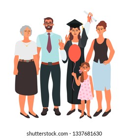 Flat cartoon vector illustration of a happy graduate student with her realives and family.