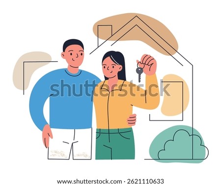 Flat cartoon vector illustration of happy couple standing in front of new home holding keys. Happy man and woman characters. Concept of moving, buying new house, starting life in new place