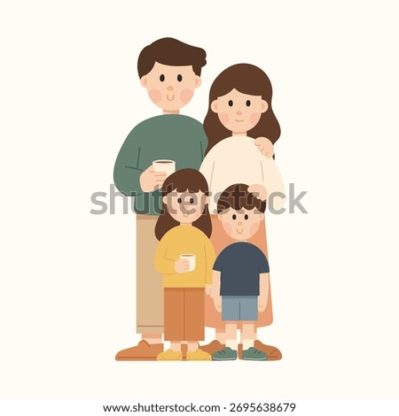 Flat cartoon vector illustration of a happy family with father, mother, son and daughter. Parenting and love concept in minimal flat design style, perfect for lifestyle and people themes.