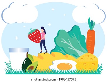 Flat cartoon vector illustration Healthy lifestyle vegetarian diet food with sample meal menu. Milk and eggs with fresh organic vegetables, greens and slow carbohydrates.