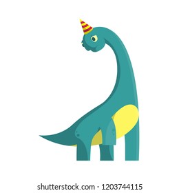 Flat Cartoon Vector Illustration with herbivore dinosaur. Cute Animal Character: Brachiosaurus with a long neck with a festive cap on white background