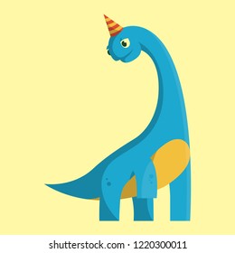 Flat Cartoon Vector Illustration with herbivore dinosaur. Cute Animal Character: Brachiosaurus with a long neck with a festive cap on white background