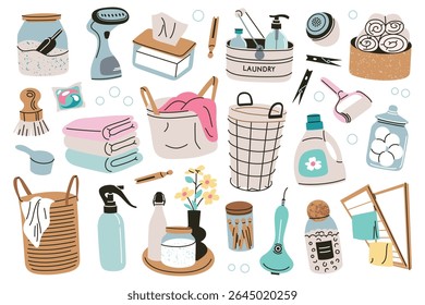 Ilustração vetor de desenhos animados planos de roupa de casa e acessórios de limpeza. Cestos, detergentes, conjunto de amaciadores de tecido, racks de secagem e ferramentas para tarefas domésticas, coleção de cuidados domésticos