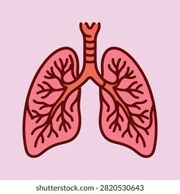A flat cartoon vector illustration of human lungs featuring the upper trachea with larynx, segmented windpipe, and detailed bronchial branches. Clean line art style representing the human respiratory system, pulmonology, and internal body organs. Ideal for medical infographics, healthcare posters, educational diagrams, awareness campaigns, and health icons.