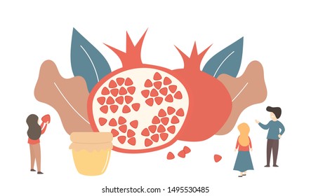 flat cartoon vector illustration for Jewish holiday Rosh Hashana with pomegranate, leaves, honey and tiny people