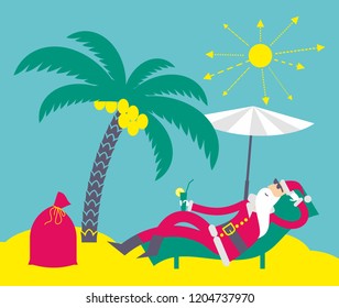 Flat cartoon vector illustration of a jolly character: Santa Claus sunbathes and drinks a cocktail on the beach under a palm tree.