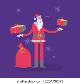 Flat cartoon vector illustration of a jolly character: Santa holds gifts in his hands - which gift to choose?