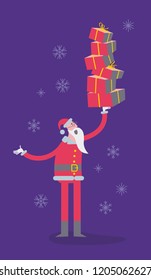 Flat cartoon vector illustration of a jolly character: Santa Claus holding a lot of gifts on one hand.