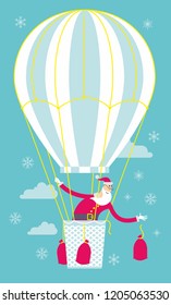 Flat cartoon vector illustration of a jolly character: Santa Claus flies on a balloon and throws top-down bags of gifts.