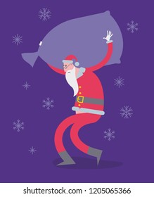 Flat cartoon vector illustration of a jolly character: Santa Claus carrying a heavy gift bag on his back.