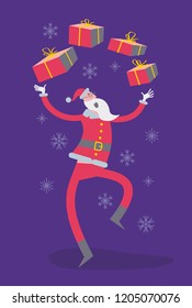 Flat cartoon vector illustration of a jolly character: Santa Claus shows presents, juggles with boxes and dancing. Christmas story, Christmas poster. Holiday surprise.  