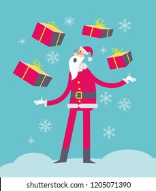 Flat cartoon vector illustration of a jolly character: Santa Claus shows presents and juggles with boxes. Christmas story, Christmas poster. Holiday surprise.  