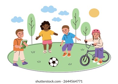 Flat cartoon vector illustration of kids playing outdoors in park. Children riding bikes, boy and girl playing football outside. Urban playground scene for education, healthy activity themes