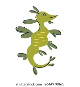 Flat cartoon vector illustration of leafy sea dragon in kids style. Exotic marine creature with leaf like fins for ocean childrens designs, seahorse character for education, nature concepts
