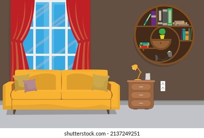 ilustración vectorial de caricatura plana. Interior de salón con muebles, sofá, ventana, mesa.